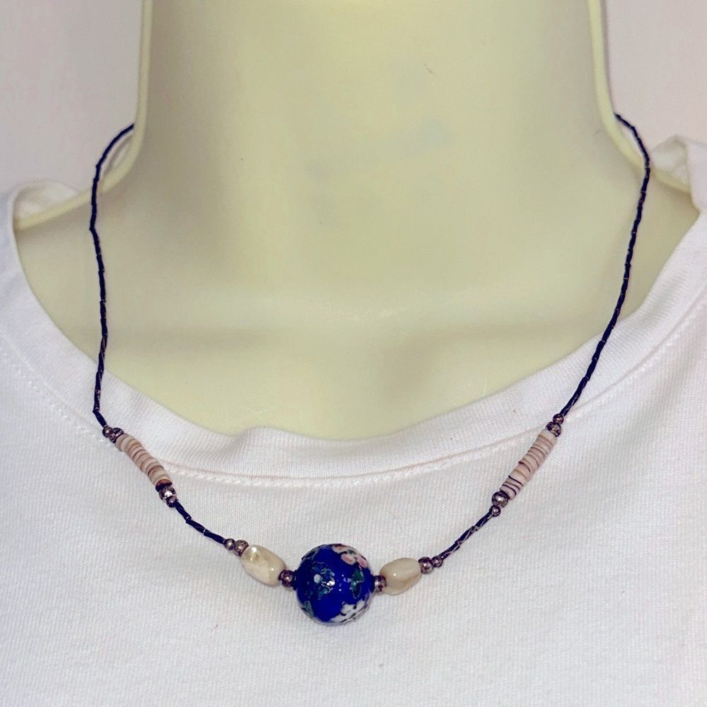 Vintage‎ blue floral cloisonné ball & shell beads necklace